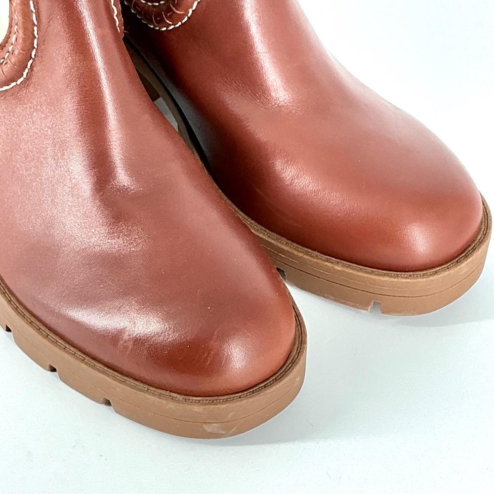 Nine West Size 7.5  Brown Leather Knit Lug Sole Ankle Boots Popit Stacked Heel - Picture 2 of 16